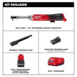 M12 FUEL 1/4" Extended Reach Ratchet kit with trigger caps, battery, and charger displayed in separate sections.