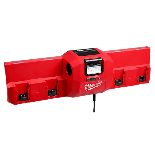 The image shows an M18™ and M12™ Gangbox Rapid Charger with a brown exterior and a row of five red charging ports. The charger is designed for efficient battery charging within a secure box.