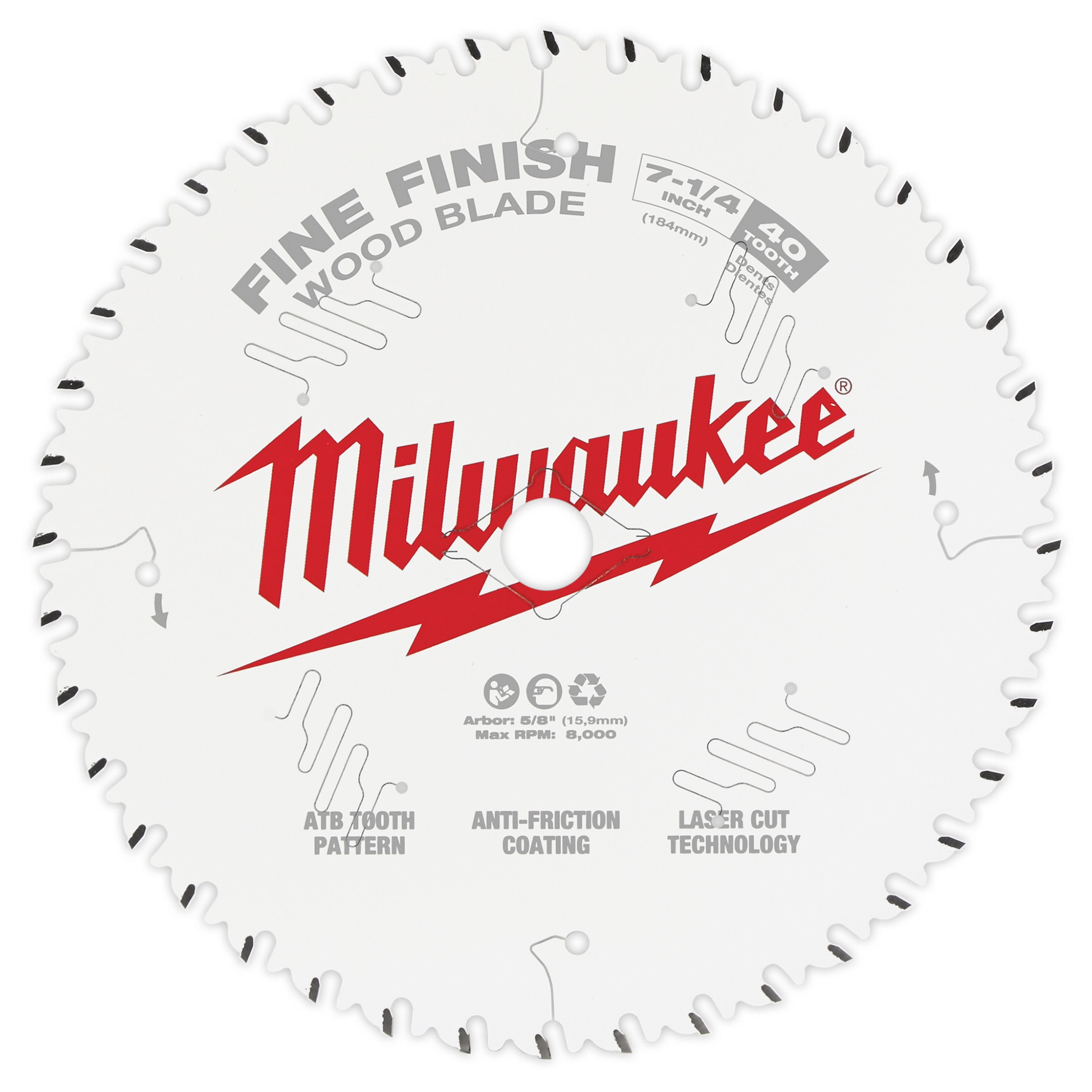 Milwaukee Circular Saw Blade for fine finish wood cutting, 7-1/4 inch, 40 teeth, with ATB tooth pattern, anti-friction coating, and laser-cut technology.