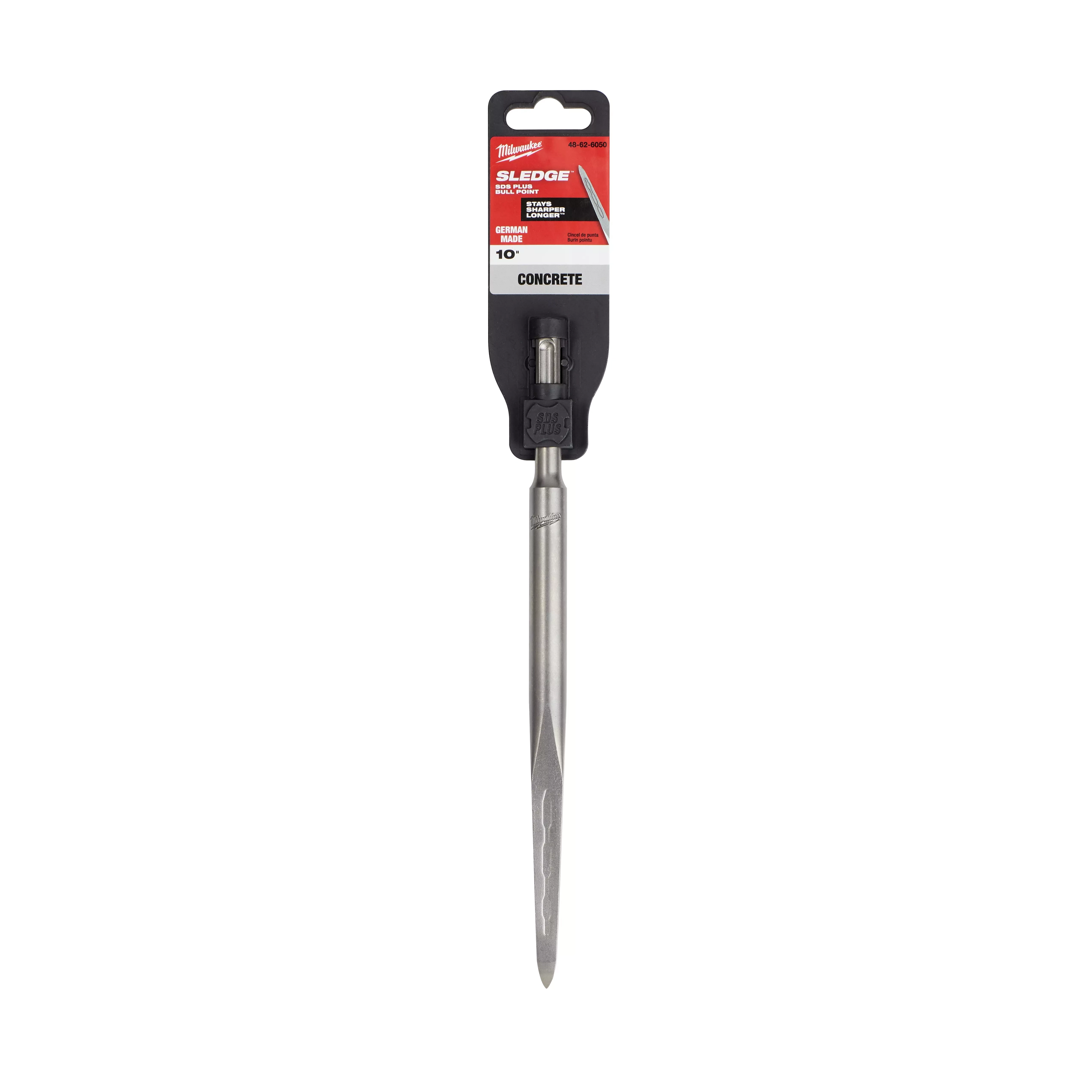 SDS-PLUS SLEDGE 10" Bull Point Chisel, designed for concrete work, featuring a hardened, pointed tip in a black plastic holder.