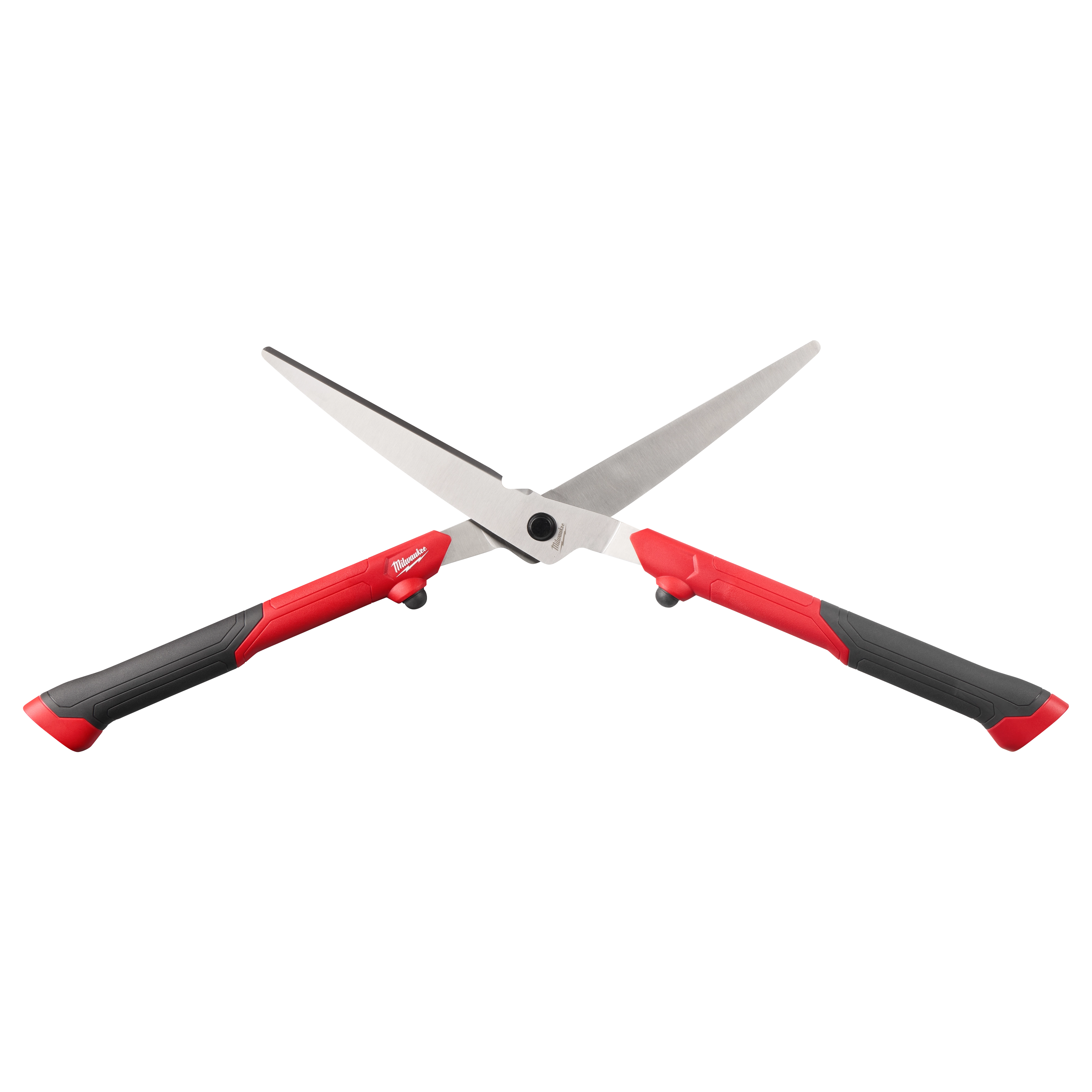 10” Hedge Shears with red and black handles and serrated metal blades, crossed at the center joint.