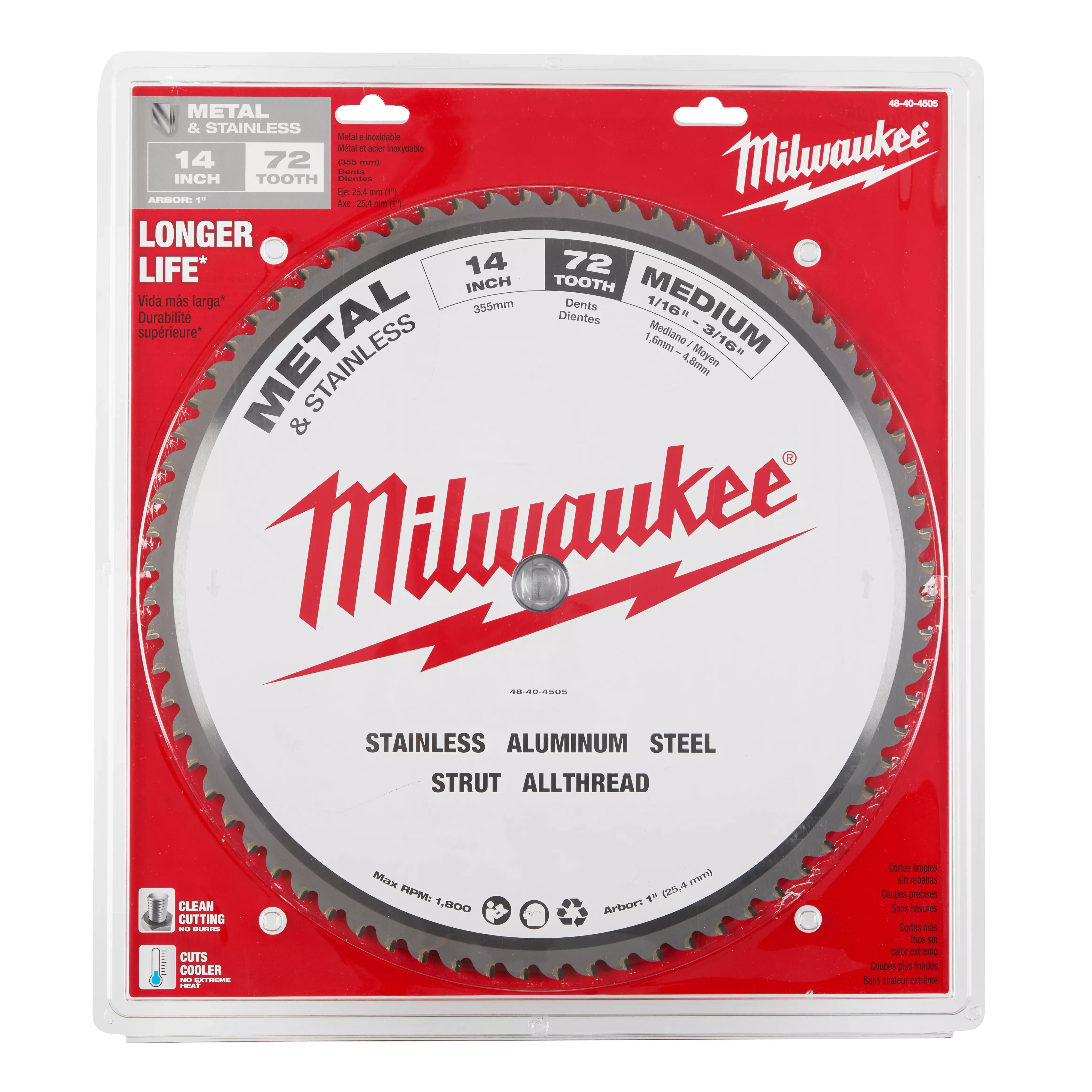 Milwaukee 14” Metal Cutting Circular Saw Blade in packaging. Features include 72 teeth for medium cuts, suitable for metal and stainless steel.