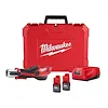 Milwaukee M12 Force Logic Press Tool Kit includes a red press tool, two M12 batteries, a battery charger, and a sturdy red carrying case with a black handle. The Milwaukee logo is prominently displayed on both the tool and the case.