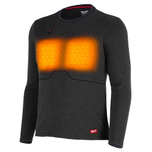 The Heated Merino Wool Crewneck Baselayer is a long-sleeve gray shirt featuring heating elements over the chest area. It has a small red logo on the lower left side and hexagonal heating zones that appear orange. The shirt is carefully designed for comfort and warmth during cold weather.