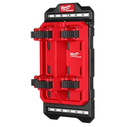 PACKOUT Compact Wall Plate in red and black with mounting brackets for tool storage, branded with Milwaukee logo.