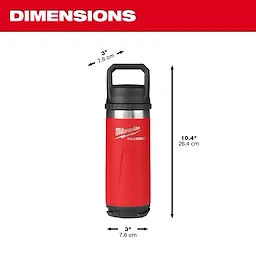 Image of the Milwaukee PACKOUT 18oz Insulated Bottle with Chug Lid in red and its dimensions