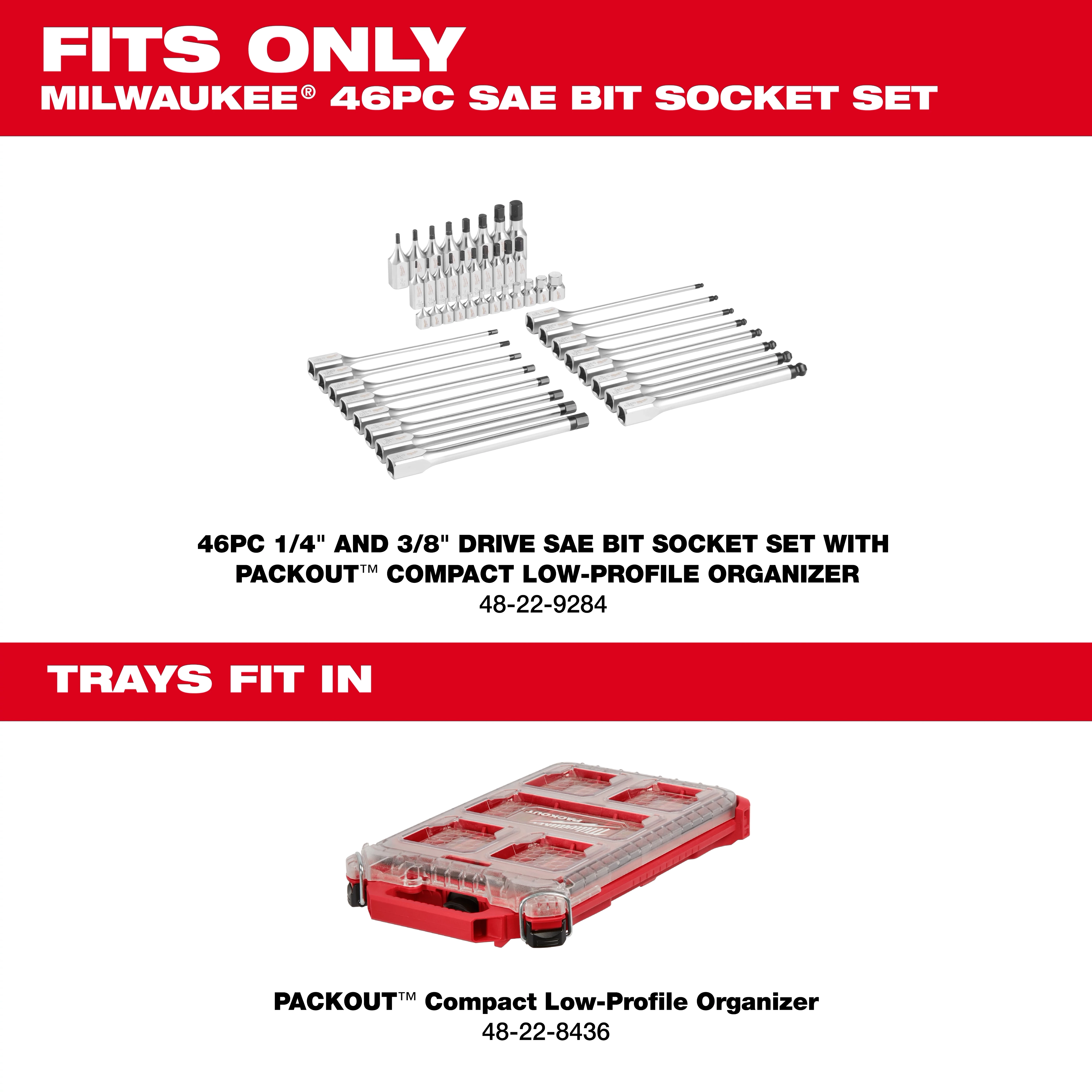 46pc 1/4” and 3/8” Drive SAE Bit Socket Set with PACKOUT Compact Low-Profile Organizer displayed with matching organizer case.