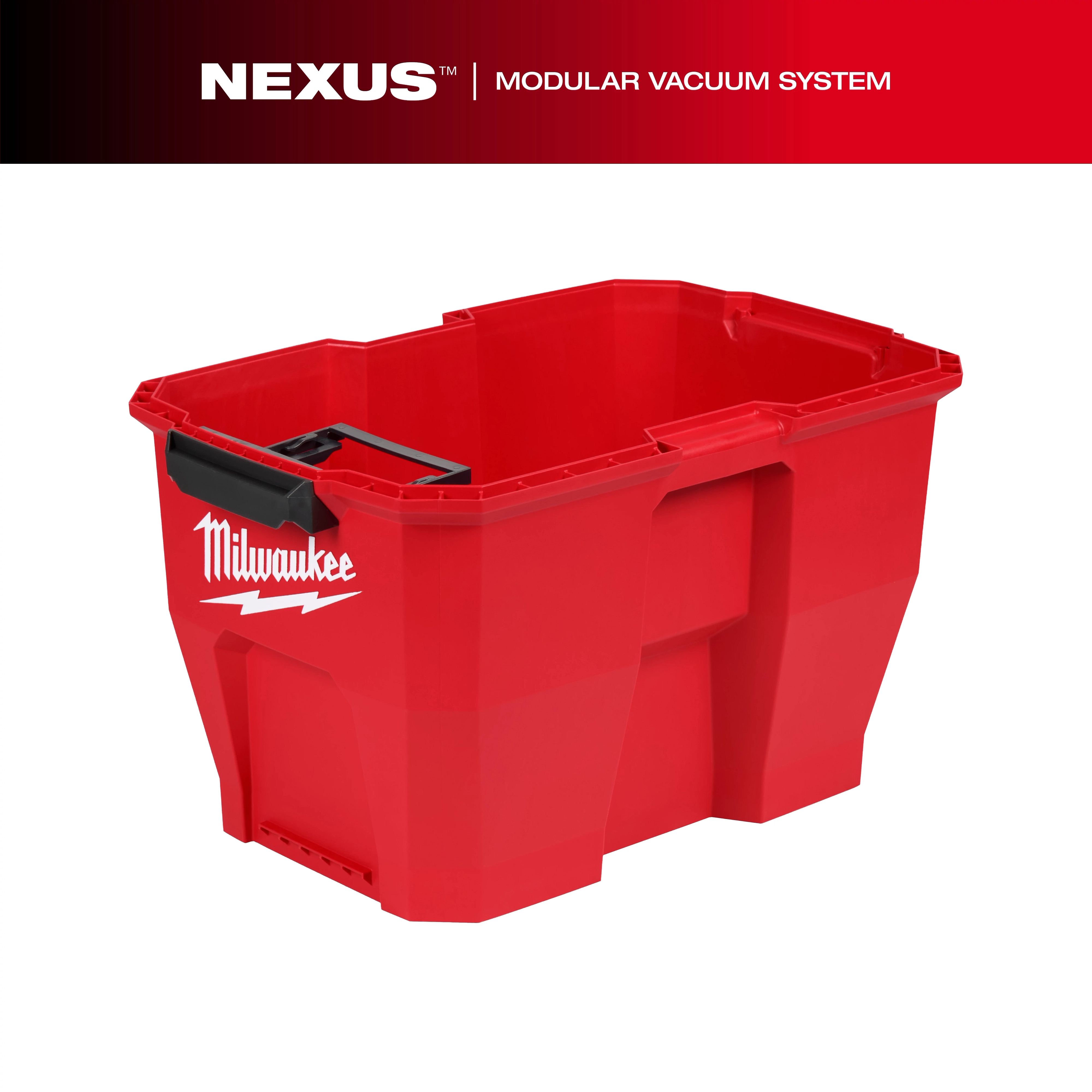 The NEXUS™ 9 Gallon Wet/Dry Vacuum Tank is a red plastic container with a black handle, designed by Milwaukee. It features a robust build for industrial use and integrates into the modular vacuum system.