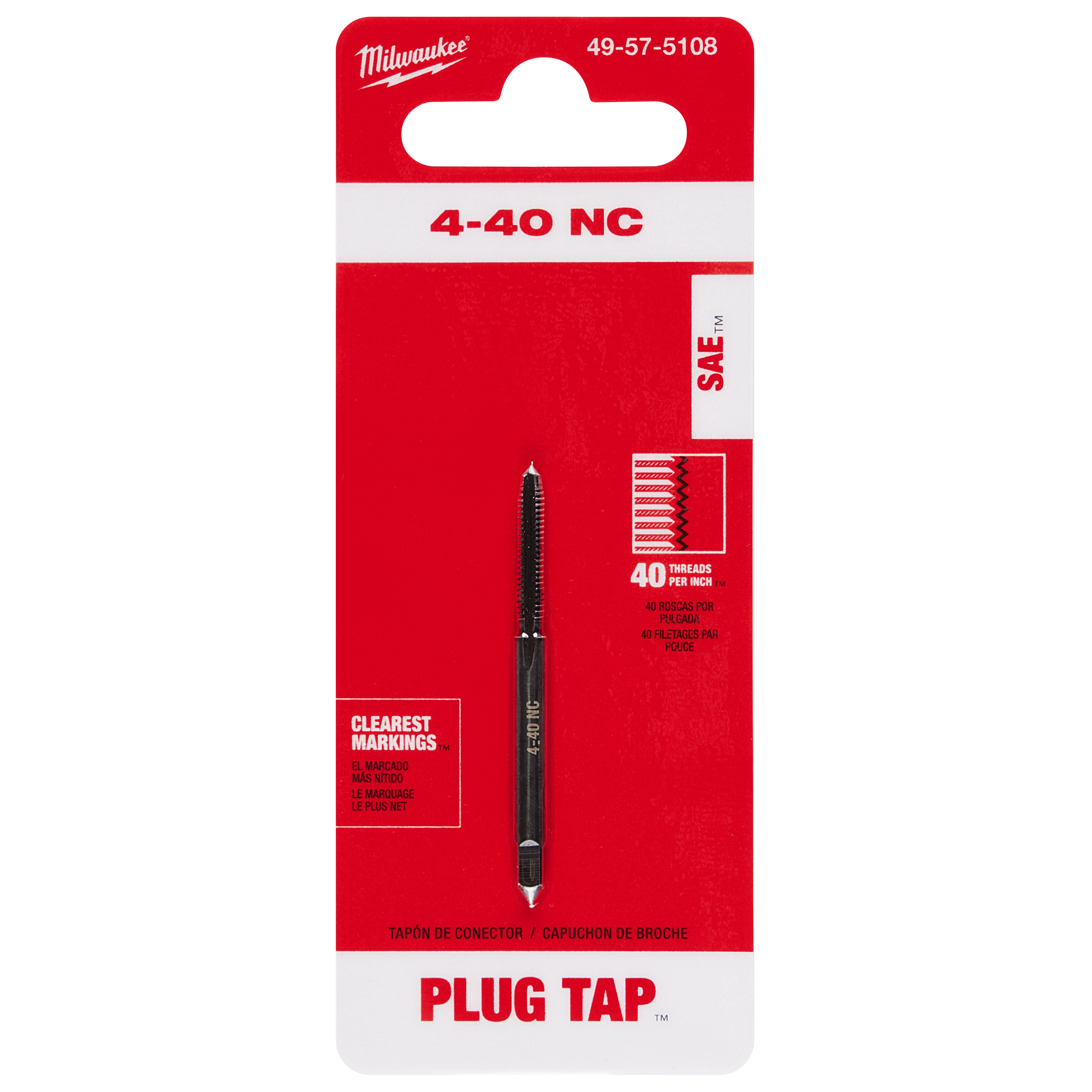 4-40 NC Straight Flute Plug Tap on a red and white card, labeled with "40 threads per inch" and "Clearest Markings."