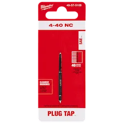 4-40 NC Straight Flute Plug Tap on a red and white card, labeled with "40 threads per inch" and "Clearest Markings."