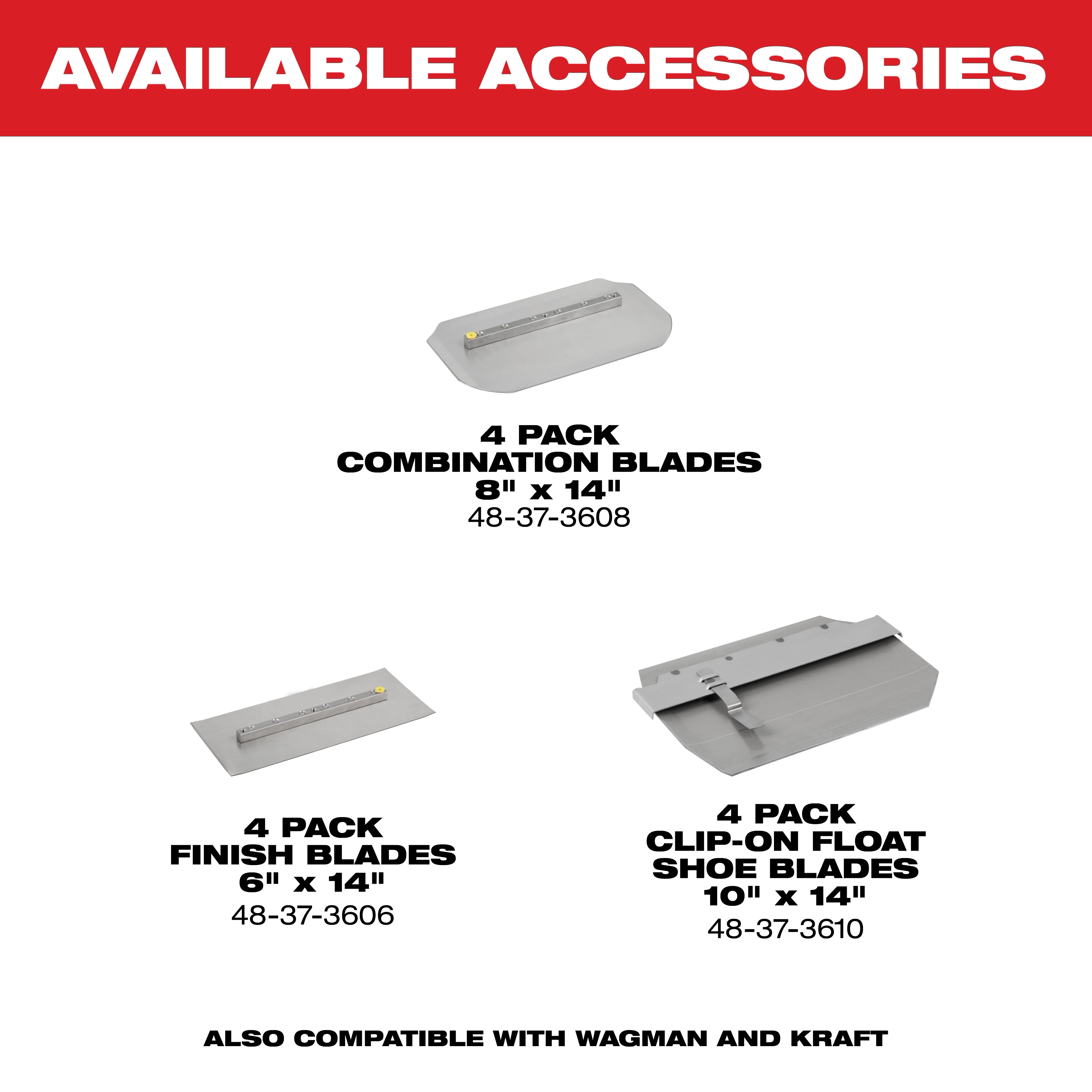 "Available Accessories: combination, finish, and clip-on float shoe blades packs with dimensions and part numbers, compatible with Wagman and Kraft."