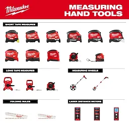 Display of red measuring hand tools including Composite Folding Rule, 6" Measuring Wheel, 100Ft Open Reel Long Tape, and tape measures.