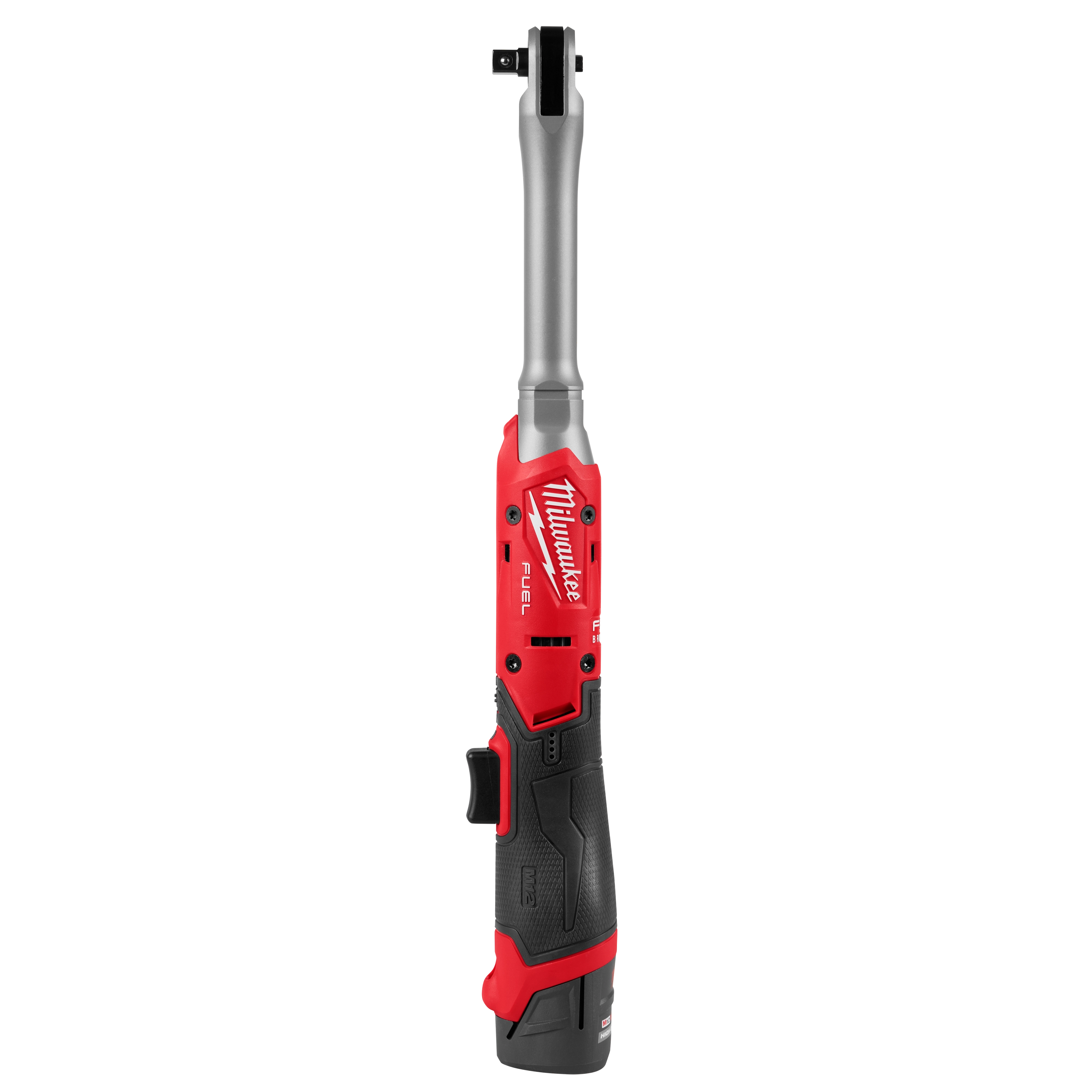 The M12 FUEL 3/8" Extended Reach Ratchet is depicted. This cordless ratchet has an extended reach design and includes a trigger switch on the handle for easy operation. The head is positioned at a 90-degree angle for accessing tight spaces.