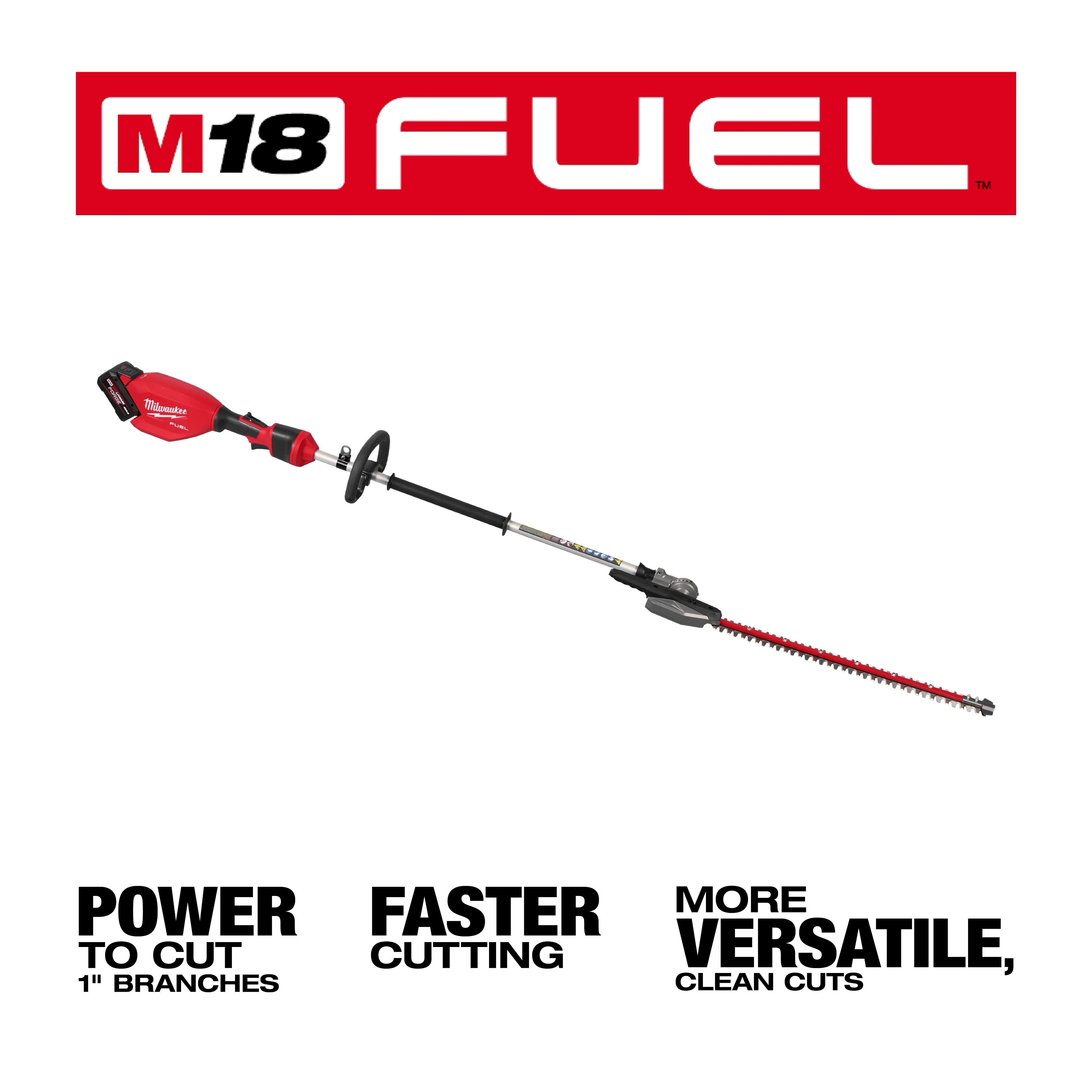 The image shows an M18 FUEL Pole Articulating Hedge Trimmer with a red and black design, under the M18 FUEL logo. Text below highlights its power to cut 1” branches, faster cutting, and versatility for clean cuts.