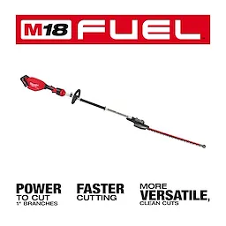 The image shows an M18 FUEL Pole Articulating Hedge Trimmer with a red and black design, under the M18 FUEL logo. Text below highlights its power to cut 1” branches, faster cutting, and versatility for clean cuts.