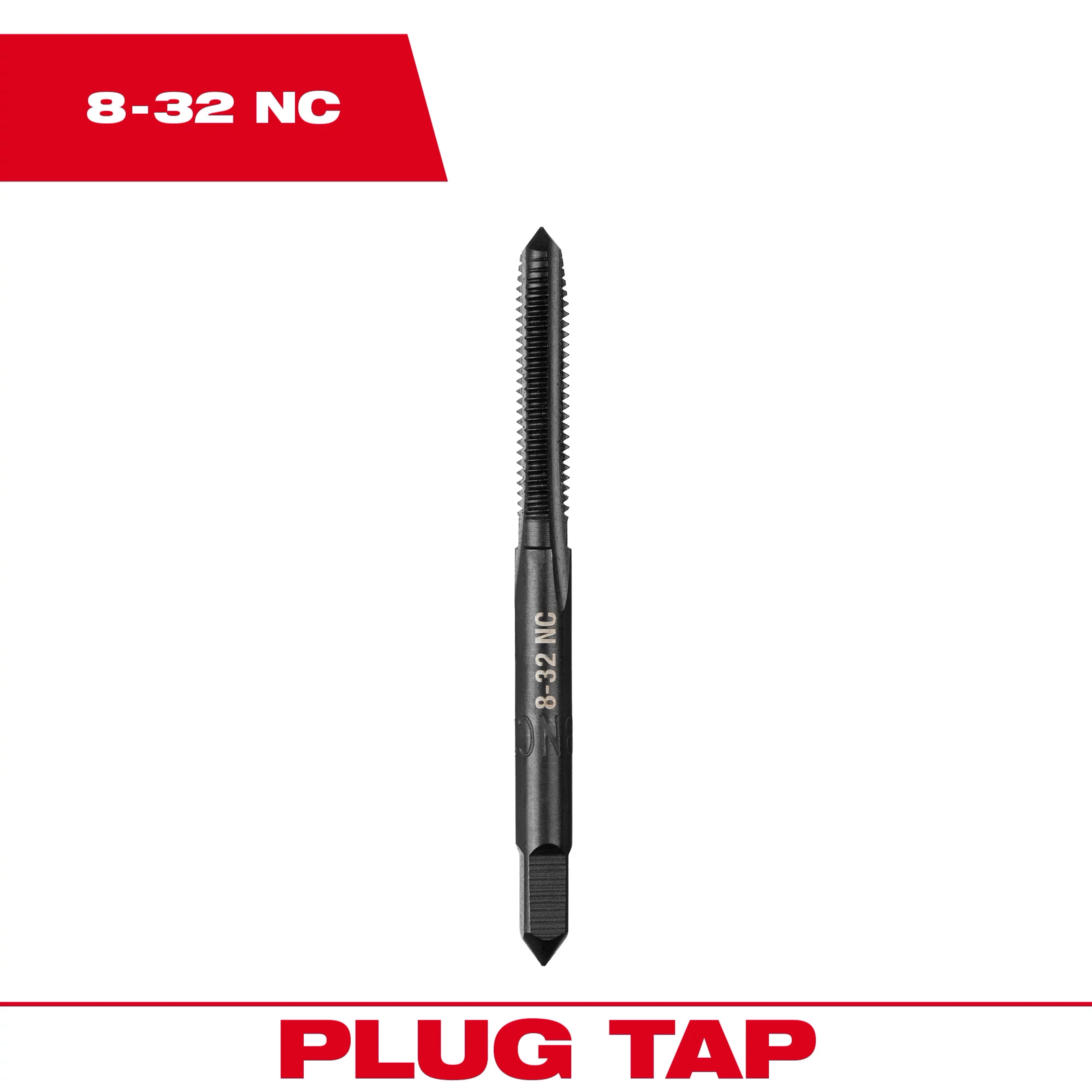 8-32 NC Straight Flute Plug Tap shown against a white background with red text. A tool for cutting internal threads.