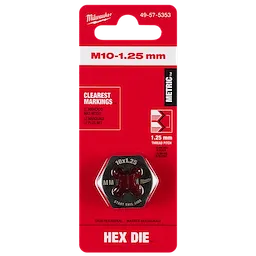 The M10-1.25 mm 1-Inch Hex Threading Die is packaged on a red and white card, highlighting its clear markings and metric pitch.