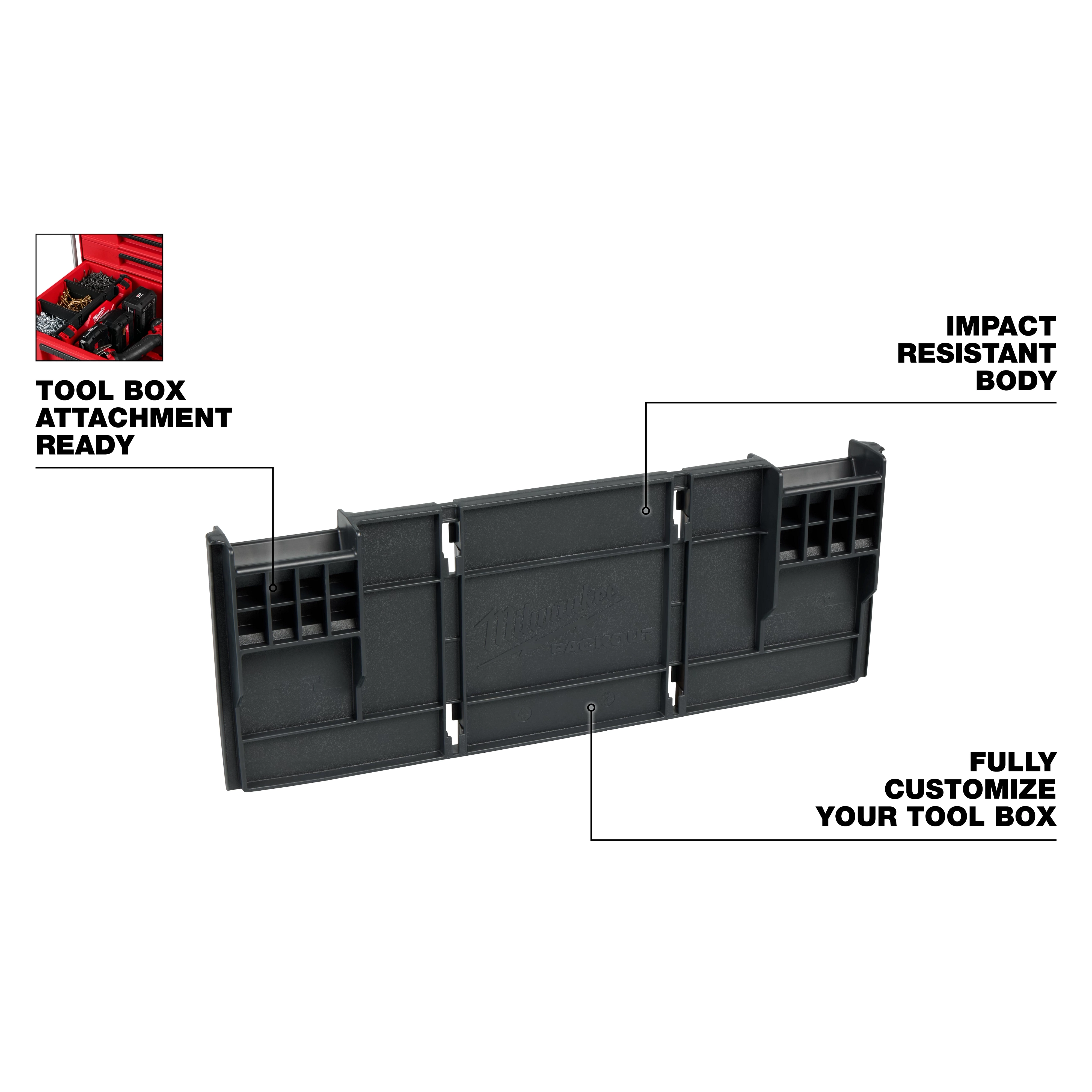 Divider for PACKOUT Drawer Tool Boxes with impact-resistant body. Tool box attachment ready.