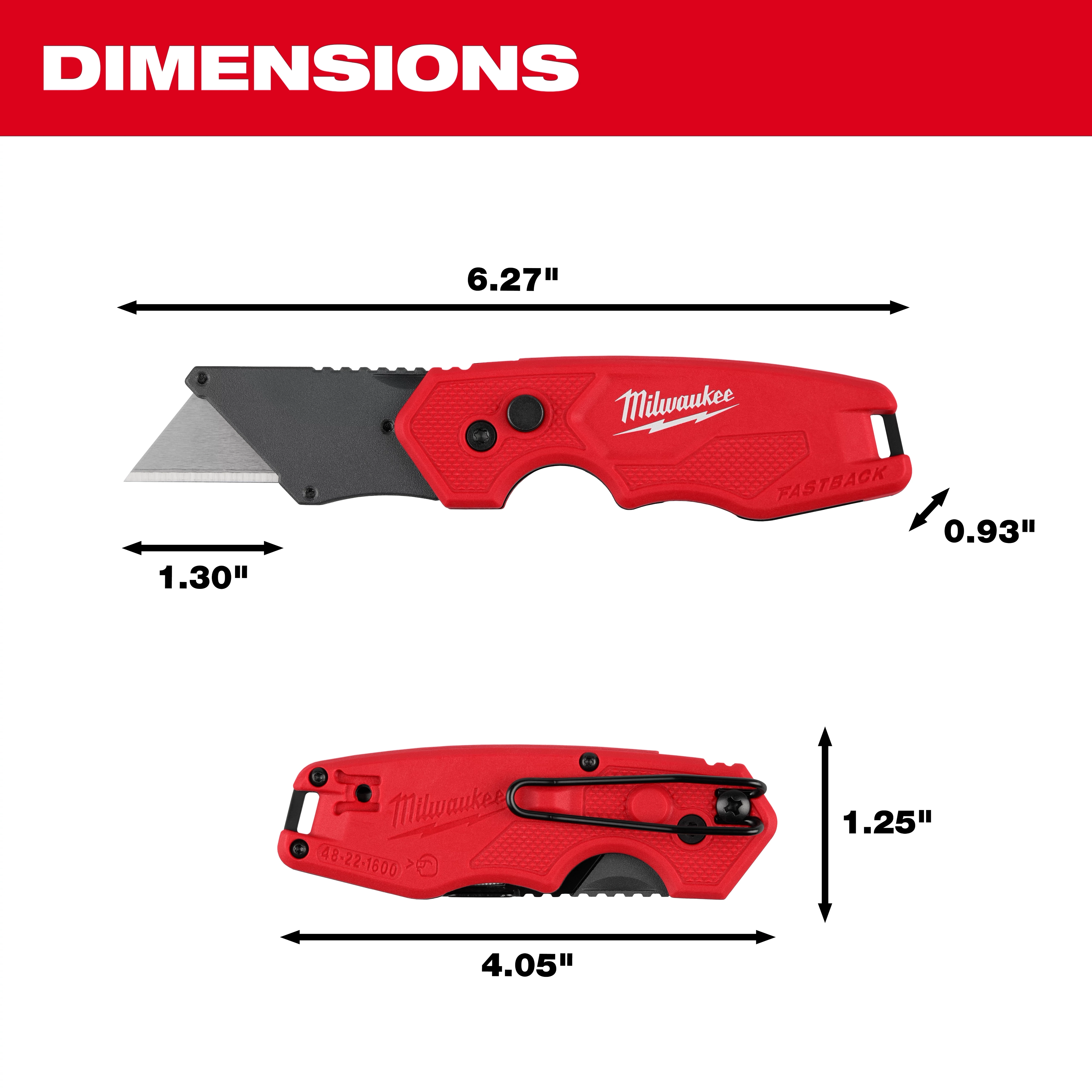 FASTBACK Compact Folding Utility Knife shown open and closed with labeled dimensions around the tool.