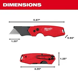FASTBACK Compact Folding Utility Knife shown open and closed with labeled dimensions around the tool.