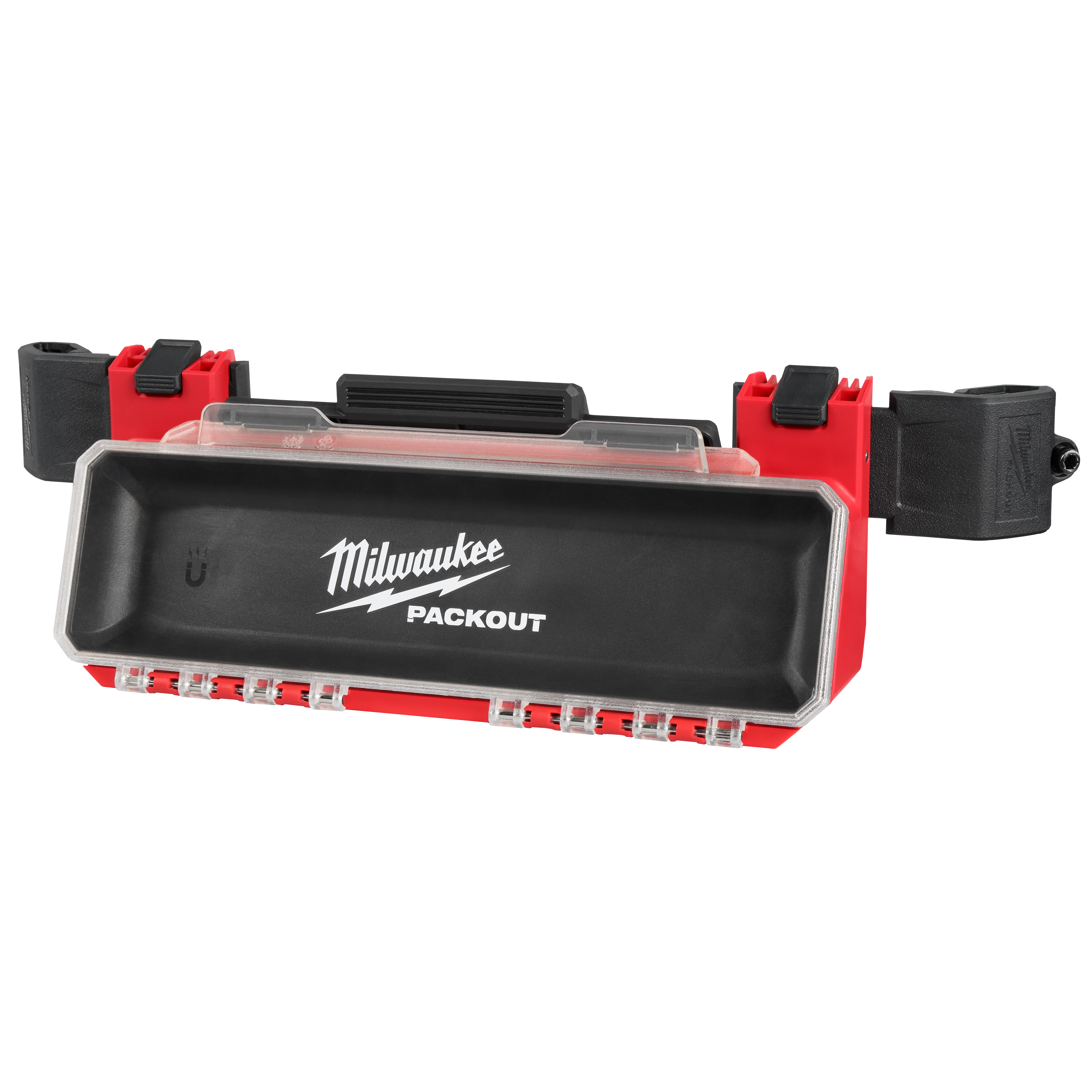 The PACKOUT Tool Box Magnetic Bin Attachment is a rectangular, black and red storage bin with a clear cover. It features the Milwaukee logo and has multiple clips for attachment. This magnetic bin is designed for easy organization and accessibility of small tools and hardware.