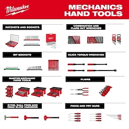 Milwaukee Mechanics Hand Tools product set featuring ratchets, sockets, wrenches, pliers, hammers, torque wrenches, and pry bars.