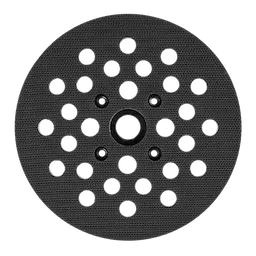 Black 6" Backing Plate with multiple ventilation holes. Circular design with a central opening and three screws surrounding it for attachment. Velvet-like texture covers the surface.