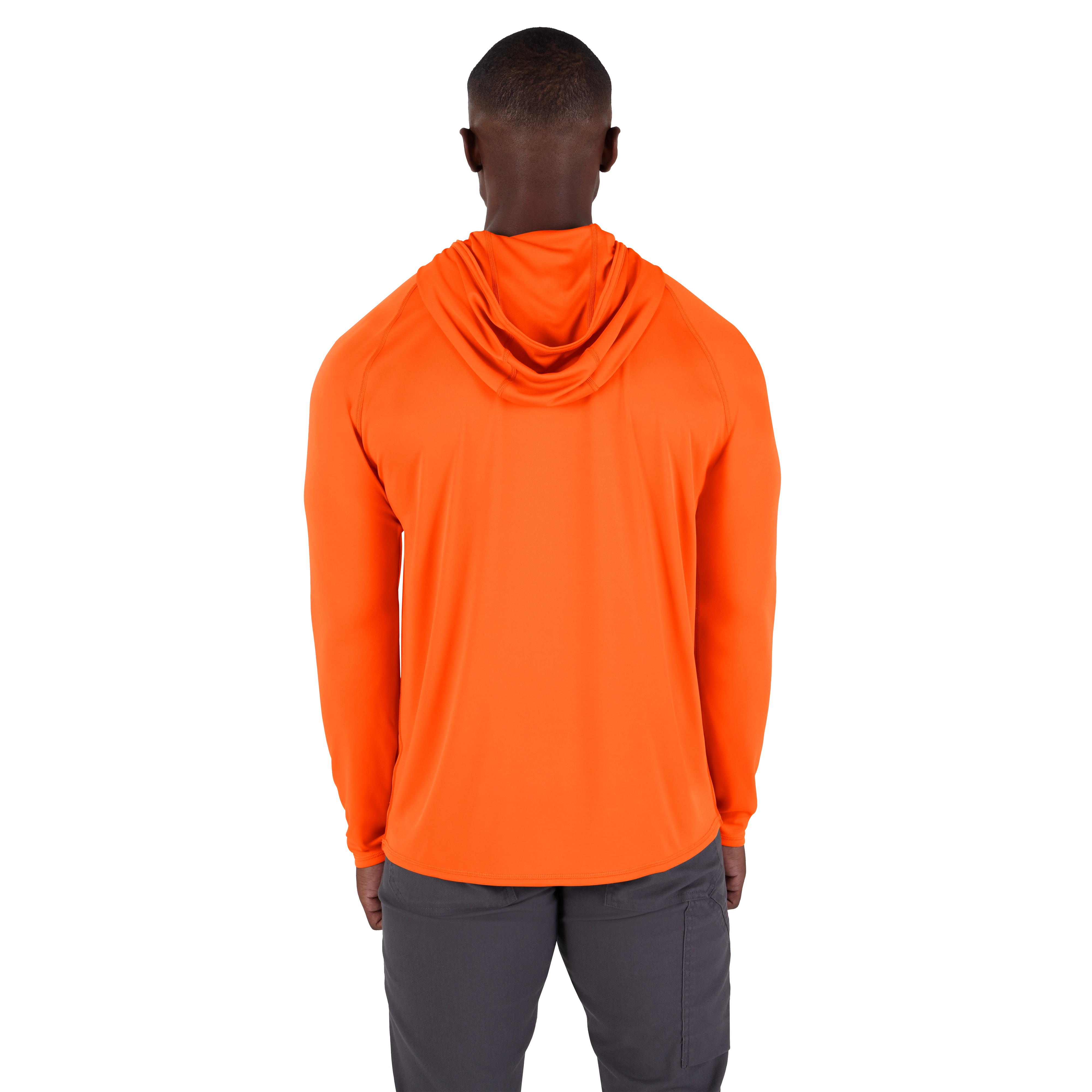 A man is wearing a bright orange WORKSKIN Hooded Sun Shirt, viewed from the back. The hood is down, and the shirt has long sleeves. The shirt is designed for sun protection and moisture-wicking.
