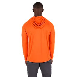 A man is wearing a bright orange WORKSKIN Hooded Sun Shirt, viewed from the back. The hood is down, and the shirt has long sleeves. The shirt is designed for sun protection and moisture-wicking.