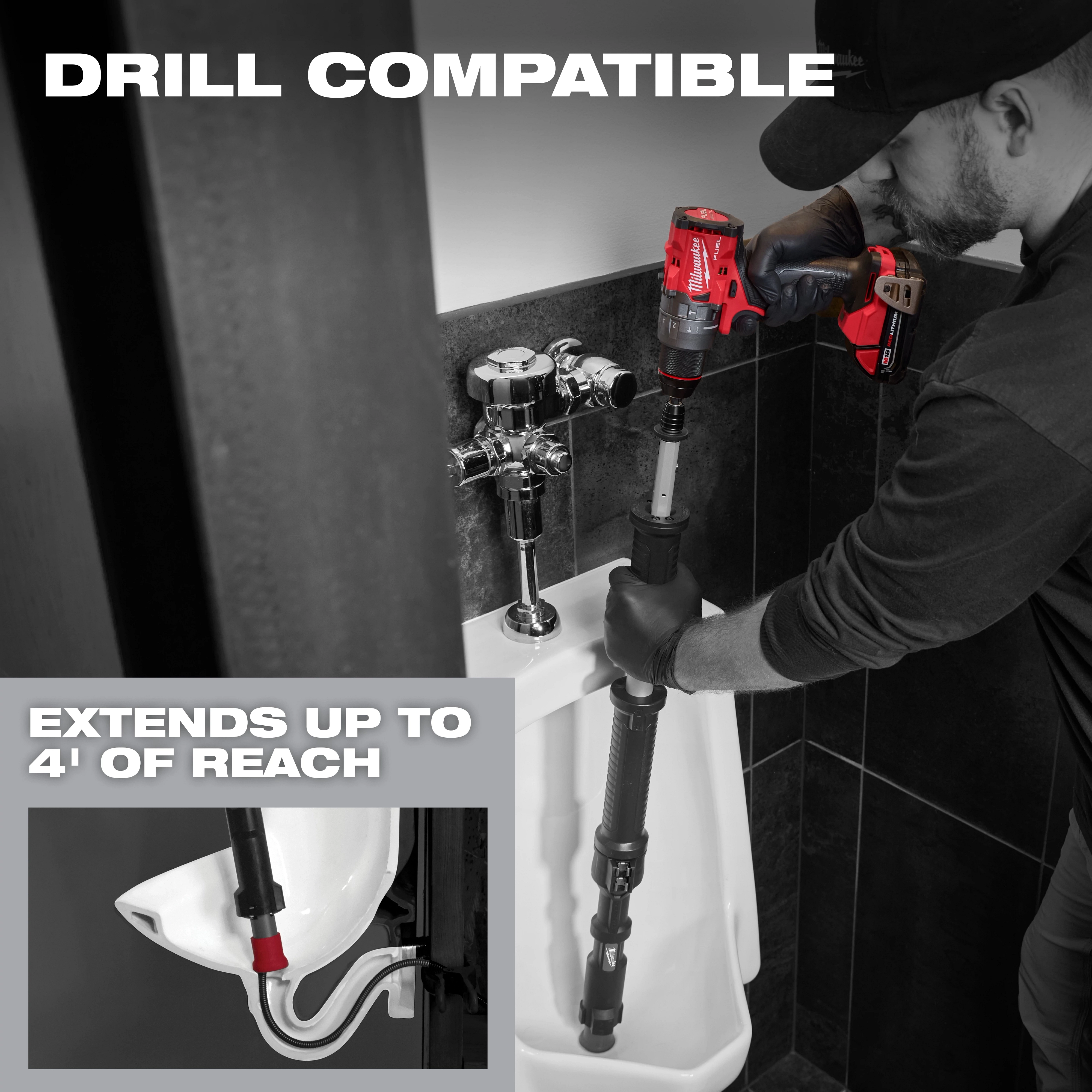 M12 TRAPSNAKE 4' Urinal Auger being used with a power drill in a urinal. Text highlights "DRILL COMPATIBLE" and "EXTENDS UP TO 4' OF REACH."