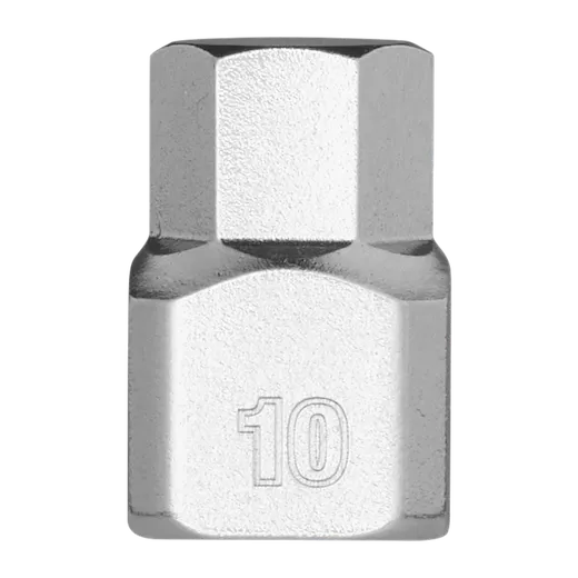 The 1/4" Drive 10mm Low-Profile Hex Bit Socket is a compact, chrome-finished tool designed for tight spaces. It features a hexagonal bit and has "10" engraved on the side to indicate its size.