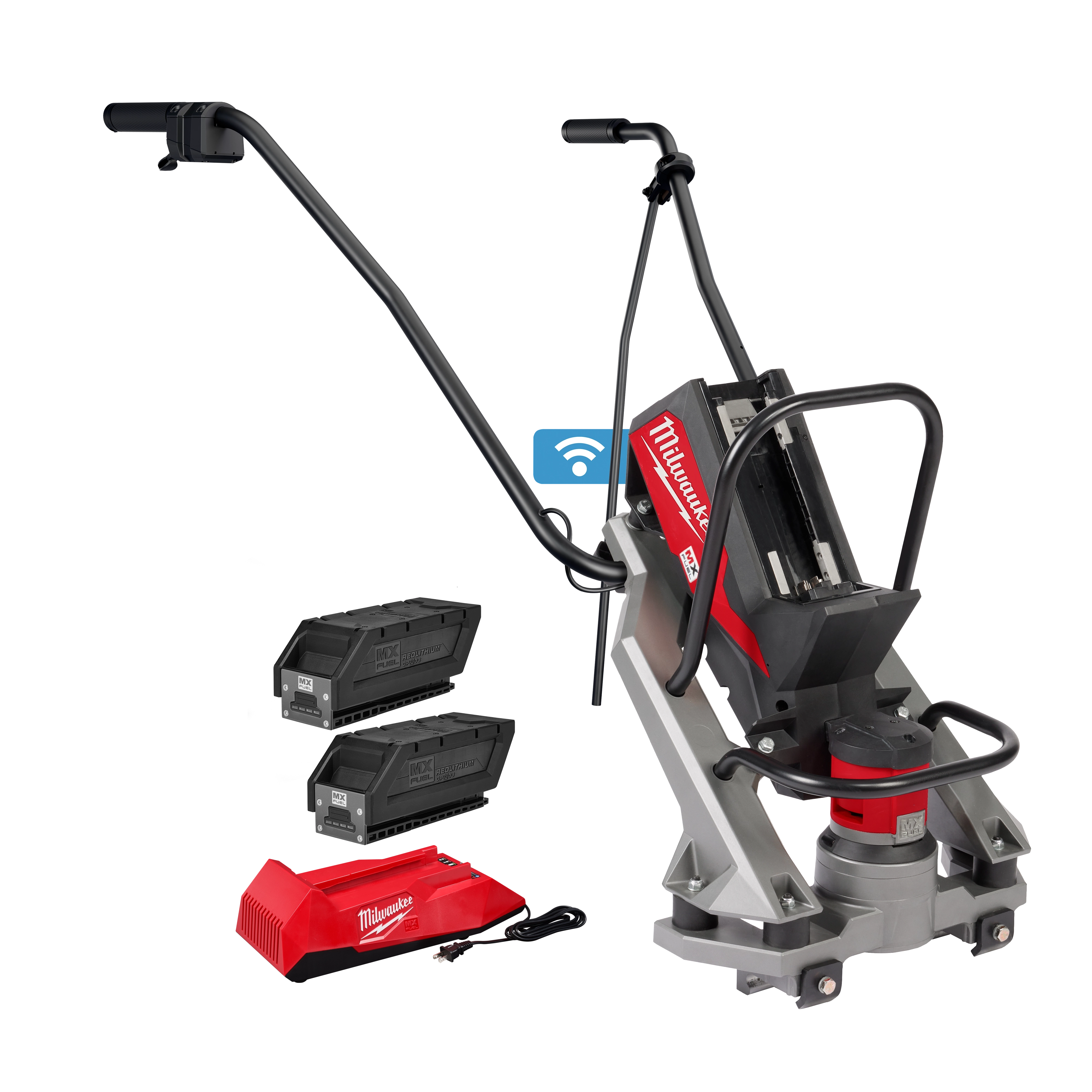 The image shows the MX FUEL™ Vibratory Screed along with its components. The equipment includes a handlebar system, two batteries, and a charger unit. The equipment is designed for concrete leveling and smoothing tasks. The MX FUEL™ Vibratory Screed is designed by Milwaukee.