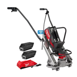 The image shows the MX FUEL™ Vibratory Screed along with its components. The equipment includes a handlebar system, two batteries, and a charger unit. The equipment is designed for concrete leveling and smoothing tasks. The MX FUEL™ Vibratory Screed is designed by Milwaukee.