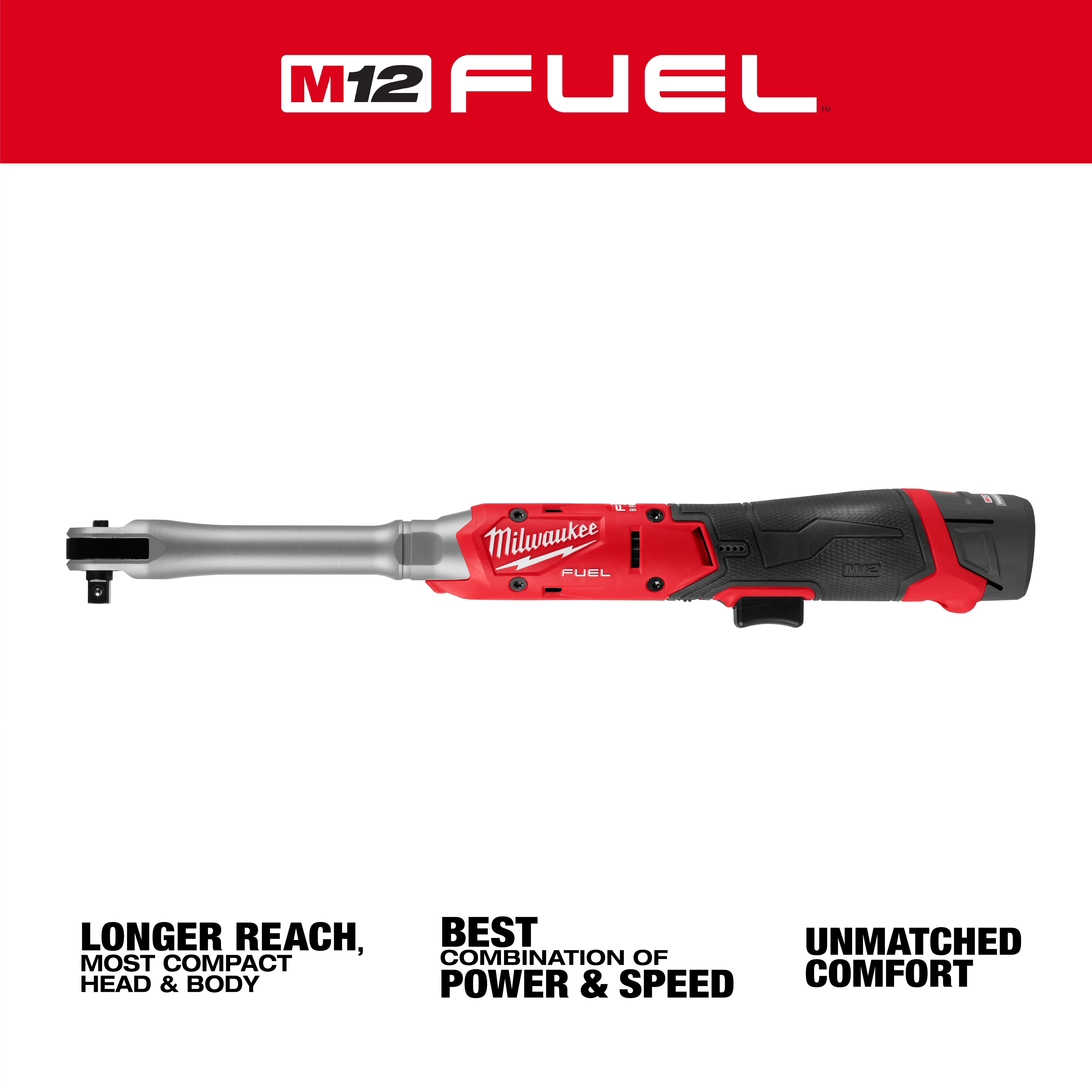 M12 FUEL 3/8" Extended Reach Ratchet displayed horizontally on a white background with text below.