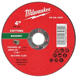 4" x 1/8" x 5/8" Masonry Cut Off Wheel - Type 1, red with white text, maximum RPM 15,300, 100 mm thickness.