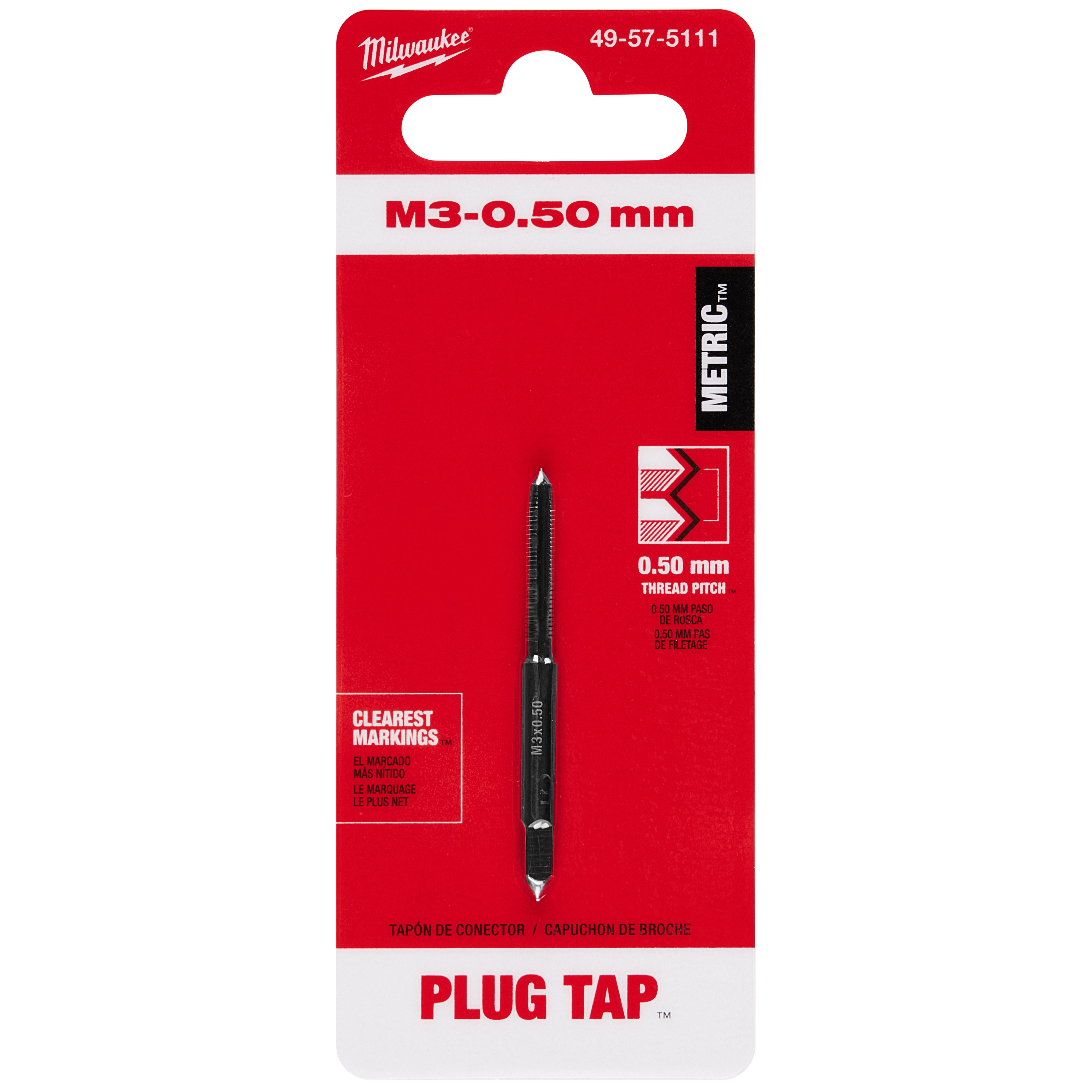 Red packaging displaying M3-0.50%20mm%20Straight%20Flute%20Plug%20Tap, sized 0.50 mm thread pitch, with metric markings.