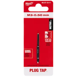 Red packaging displaying M3-0.50%20mm%20Straight%20Flute%20Plug%20Tap, sized 0.50 mm thread pitch, with metric markings.