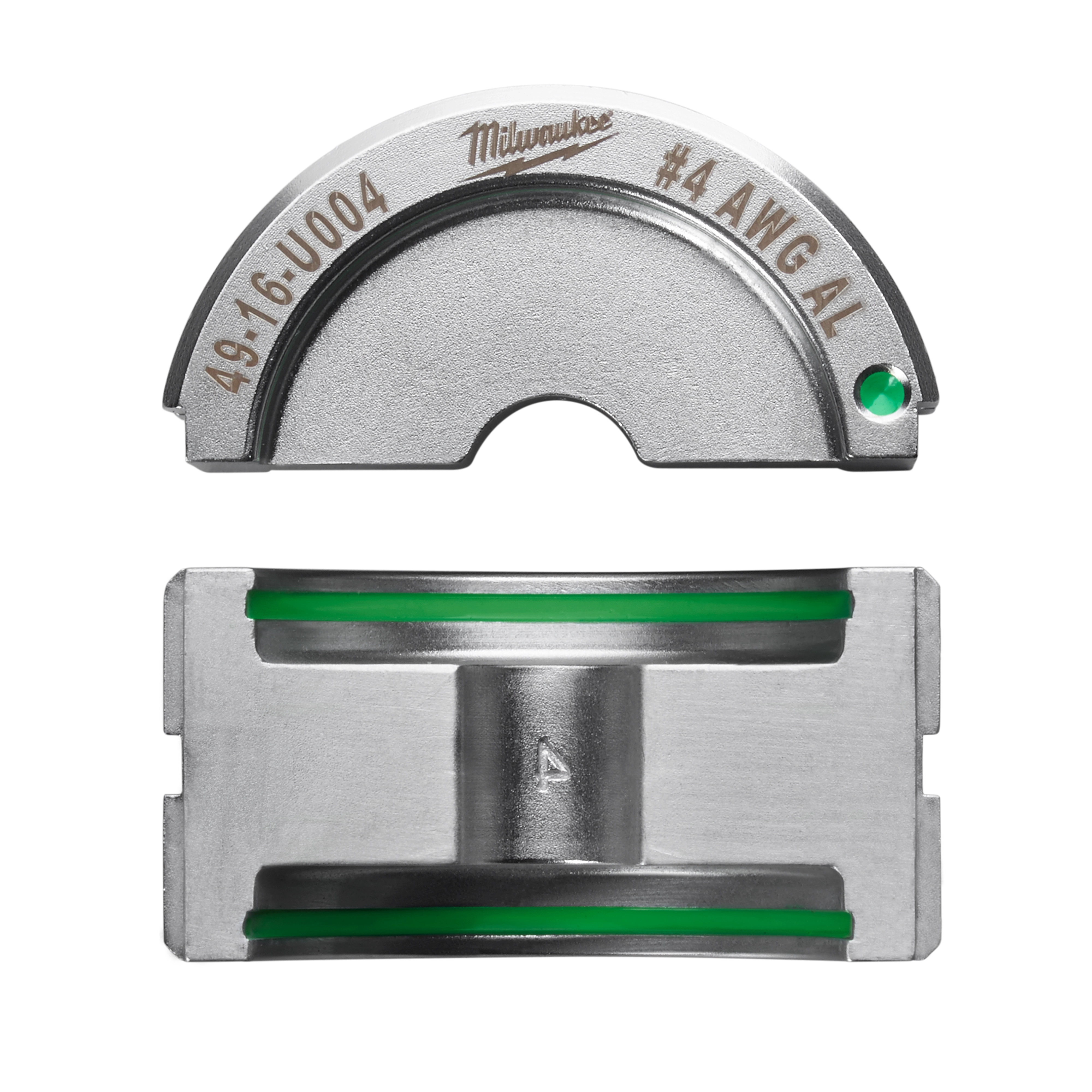 The %234 Aluminum U Style Die features a metal construction with green accents. The top piece is semi-circular with engraved specifications, while the bottom piece has a rectangular shape with a central bar.