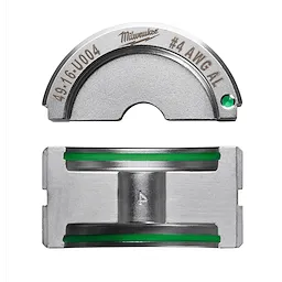 The %234 Aluminum U Style Die features a metal construction with green accents. The top piece is semi-circular with engraved specifications, while the bottom piece has a rectangular shape with a central bar.