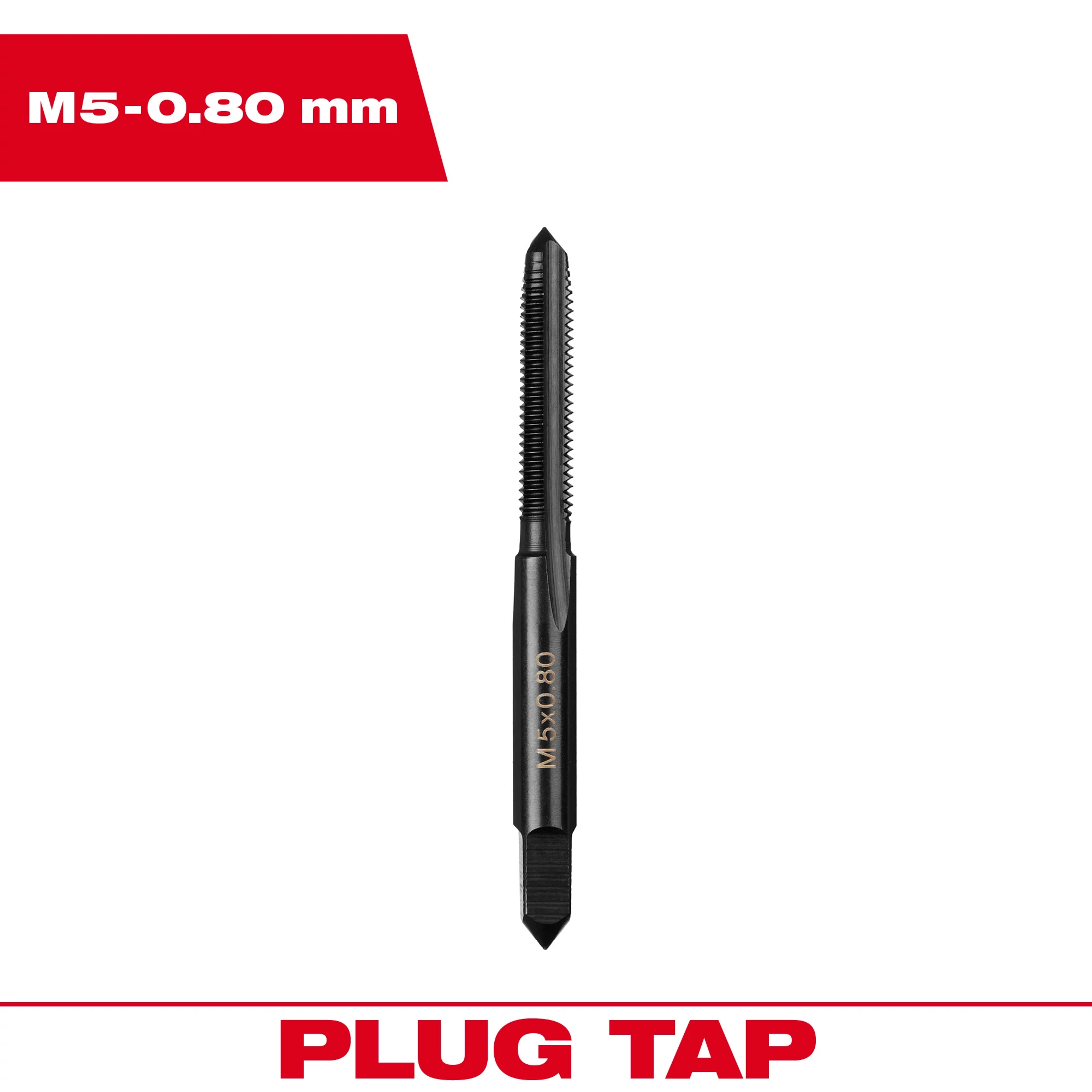 M5-0.80 mm Straight Flute Plug Tap features straight flutes for general-purpose tapping. The tap is black, with threading along the shaft.