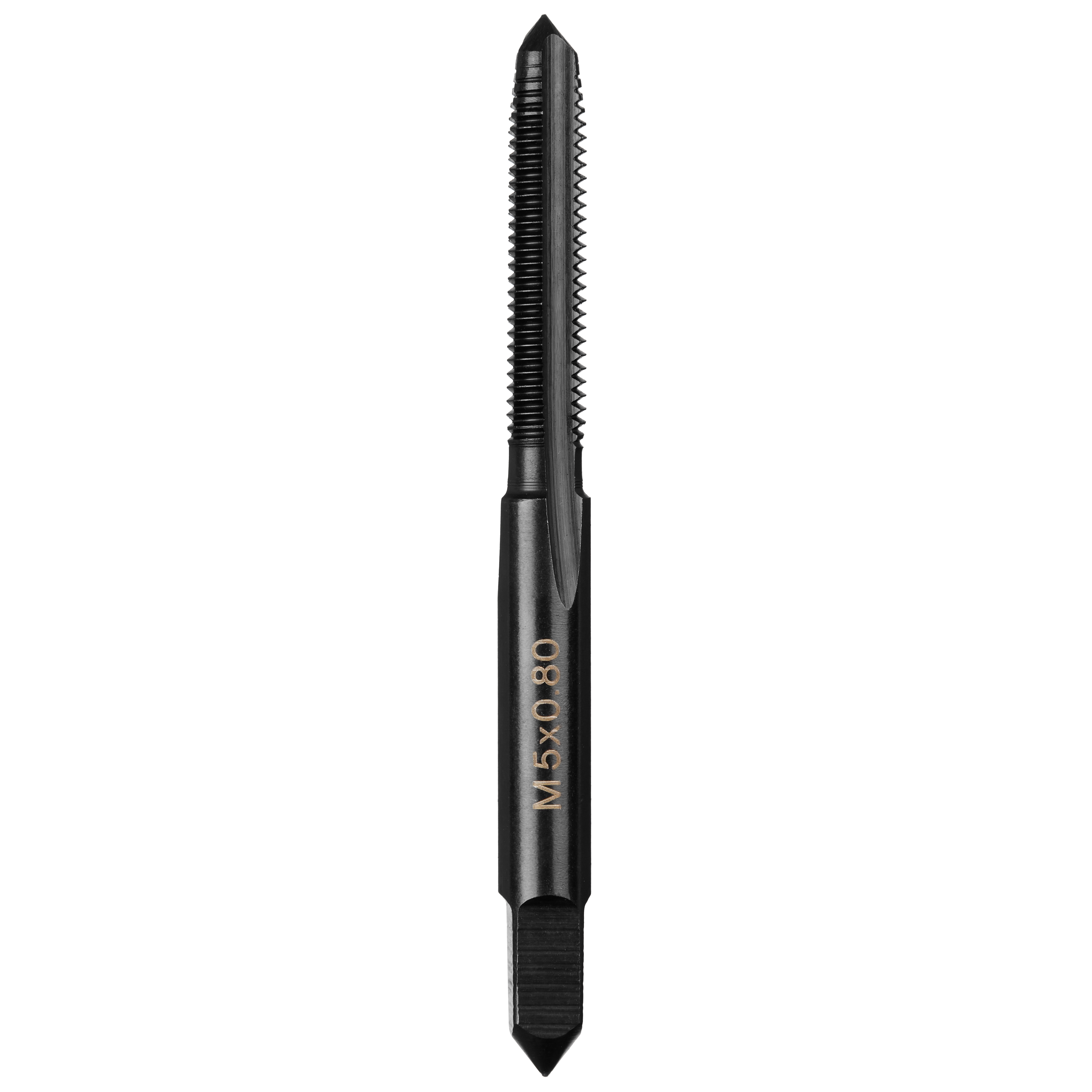 M5-0.80 20mm Straight Flute Plug Tap in black with etched text on the body, showing cutting edges and flutes.