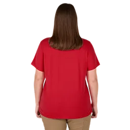 A woman is shown from the back, wearing a Women's GRIDIRON™ Logo Tee - Short Sleeve Red. The shirt is plain red and has short sleeves. She has medium-length brown hair and is also wearing beige pants.