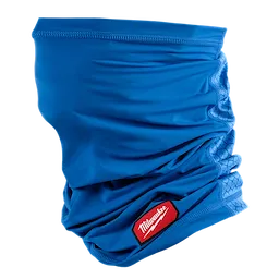 Blue Cooling Neck Gaiter with the Milwaukee logo on a red tag. The fabric appears breathable and flexible, designed to keep the neck cool and comfortable during use.