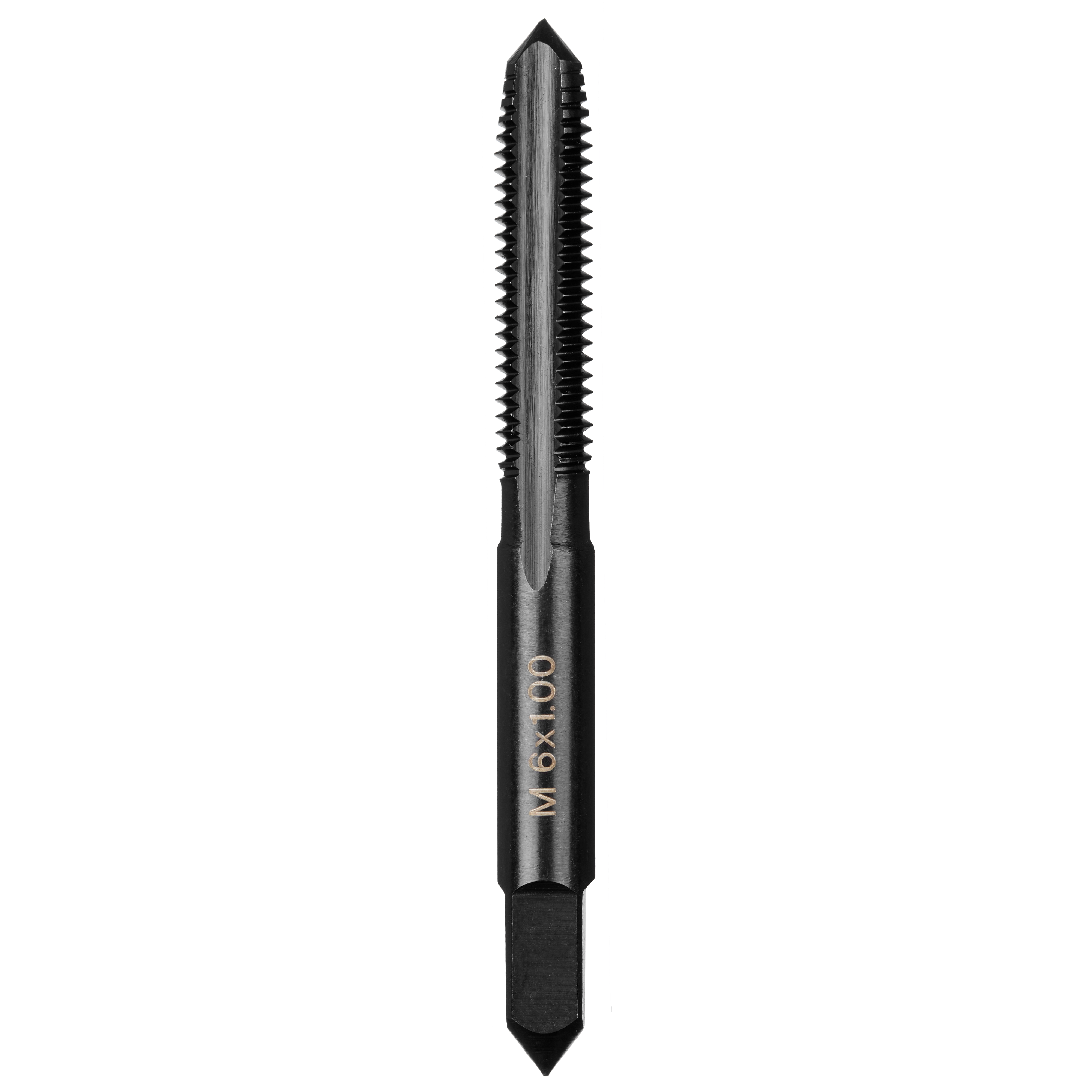 M6-1.00 20mm Straight Flute Plug Tap, a black metal tool with engraved gold marking, designed for threading holes.