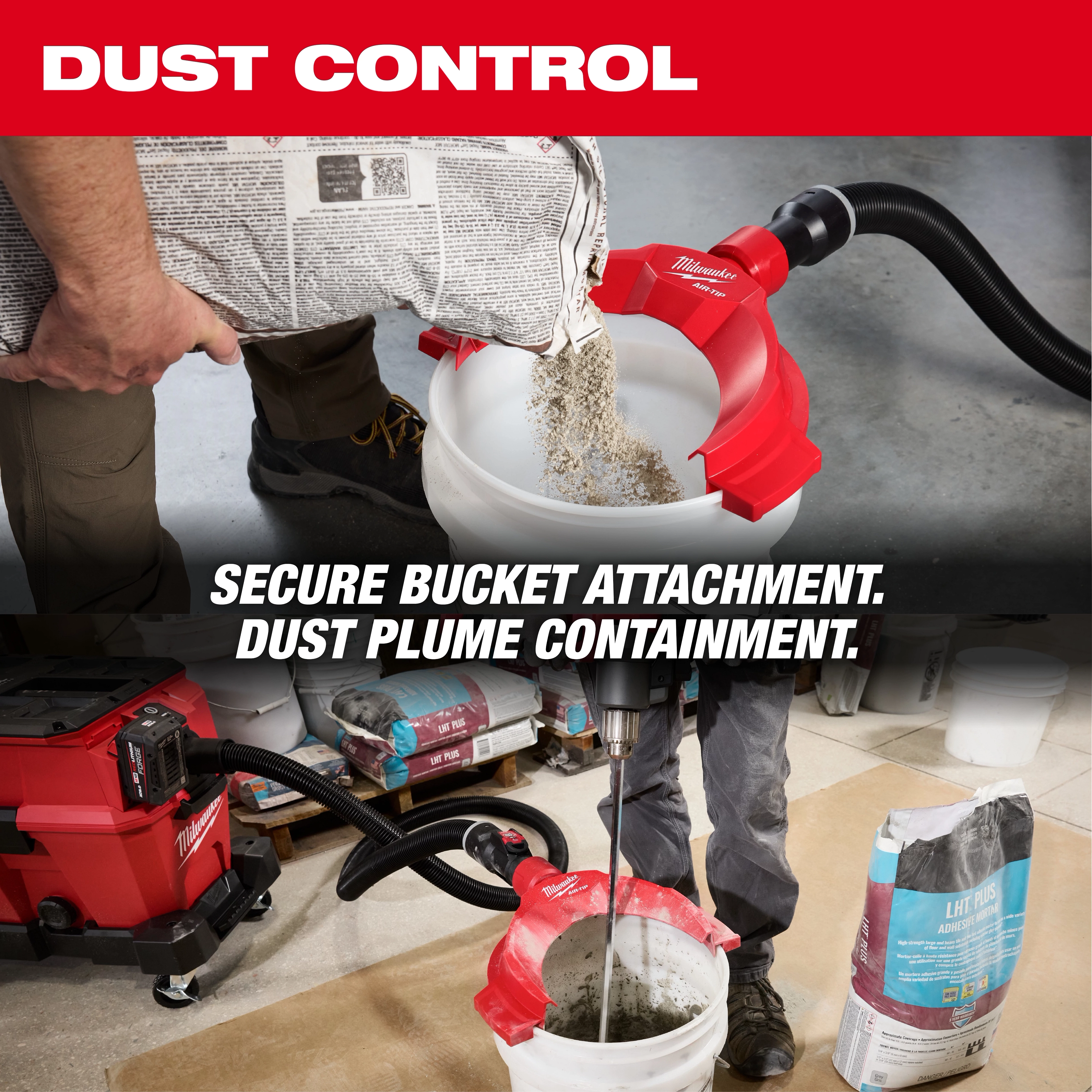 AIR-TIP Bucket Topper Dust Collector attached to a bucket, preventing dust plume while emptying contents from a bag.