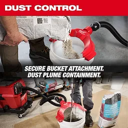 AIR-TIP Bucket Topper Dust Collector attached to a bucket, preventing dust plume while emptying contents from a bag.