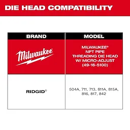 Die Head Compatibility chart showing compatibility for Milwaukee NPT Pipe Threading Die Head with Micro-Adjust and specific RIDGID models.
