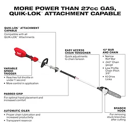 Red and white M18 QUIK-LOK Brushless Pole Saw displayed with labeled feature callouts.