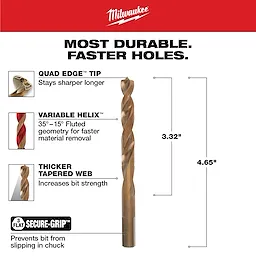 The 3/8 in. Cobalt Red Helix Twist Drill Bit features a Quad Edge Tip, Variable Helix geometry, thicker tapered web, and a secure-grip design. Measuring 4.65 inches in length, it offers durability and faster hole drilling while preventing slipping in the chuck.