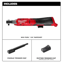 The M12 FUEL™ 1/4" Ratchet is shown with its included accessories: a paddle trigger cap and an installed button trigger cap. The ratchet has a red and black design, branded with "Milwaukee" and "Fuel."